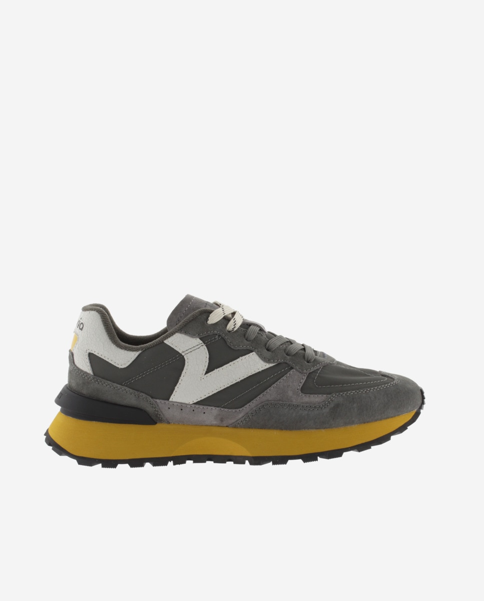 Sapatilhas Desportivas de Nylon com Peças de Pele e Camurça e Logotipo Retro Cinzento / Amarelo-1