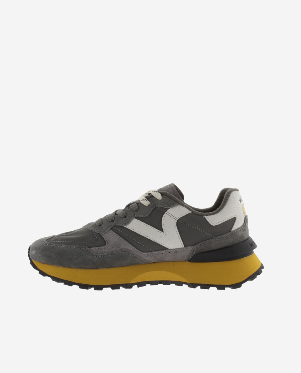 Sapatilhas Desportivas de Nylon com Peças de Pele e Camurça e Logotipo Retro Cinzento / Amarelo-3