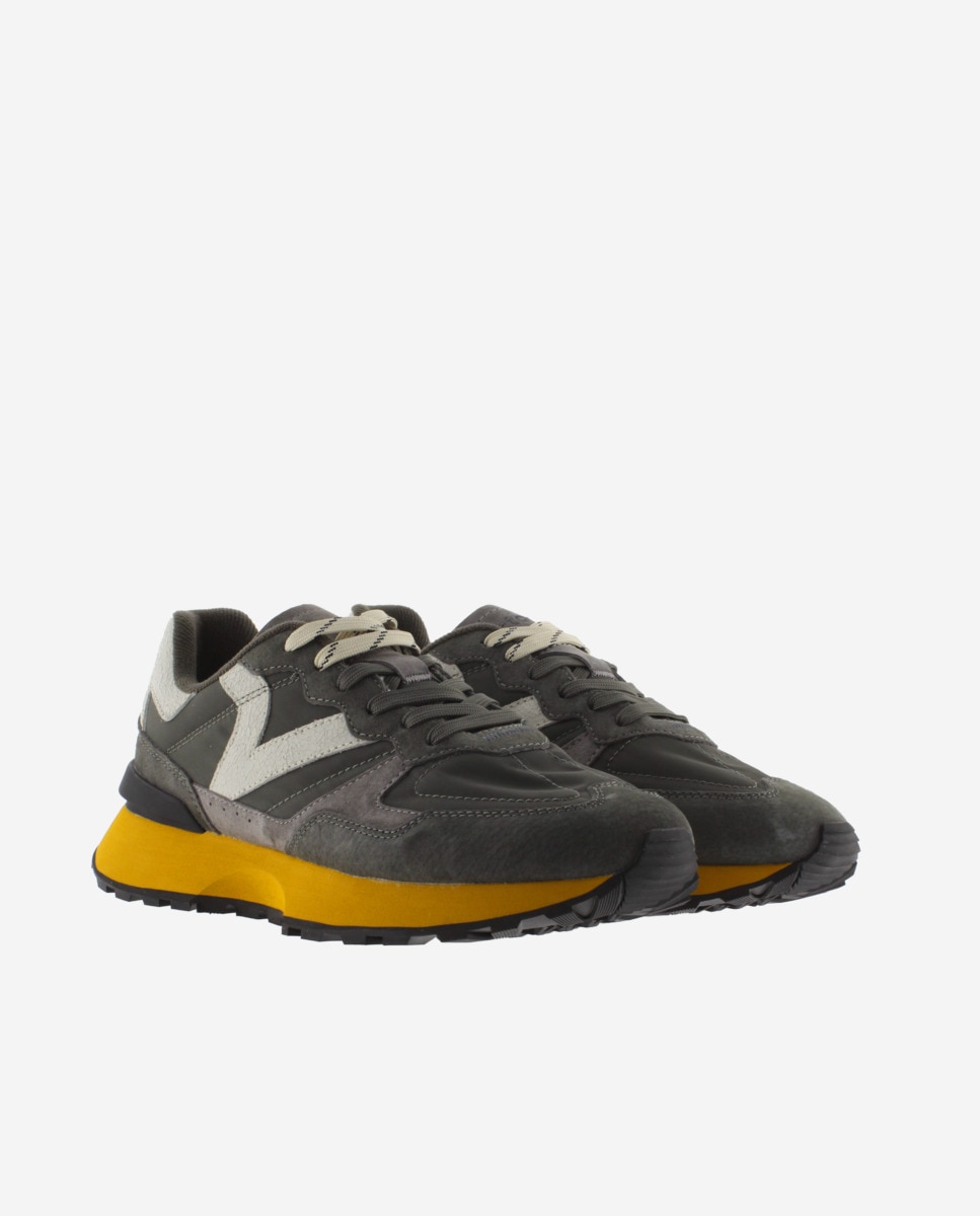 Sapatilhas Desportivas de Nylon com Peças de Pele e Camurça e Logotipo Retro Cinzento / Amarelo-5