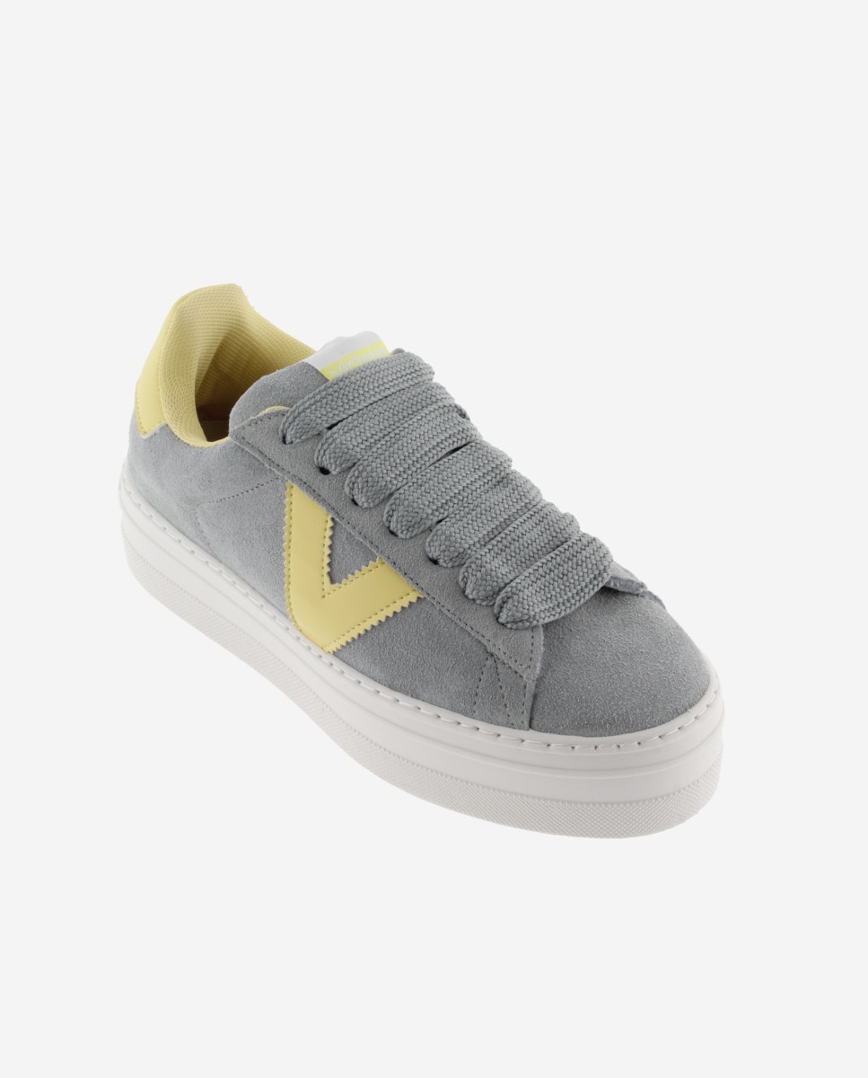 Sapatilhas Plataforma de Camurça com Peças em Contraste Cinzento / Amarelo-flúor-2