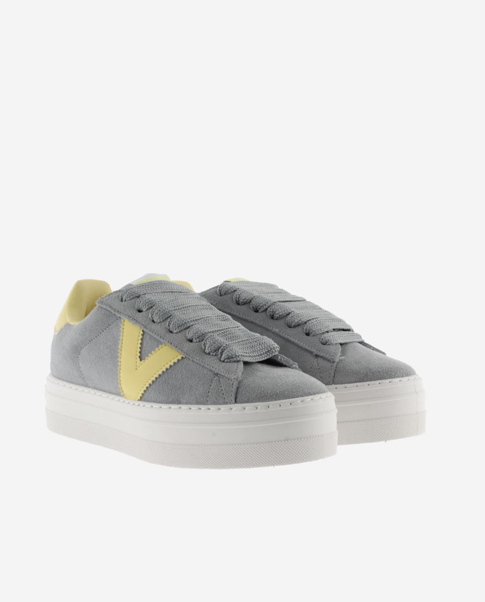 Sapatilhas Plataforma de Camurça com Peças em Contraste Cinzento / Amarelo-flúor-5