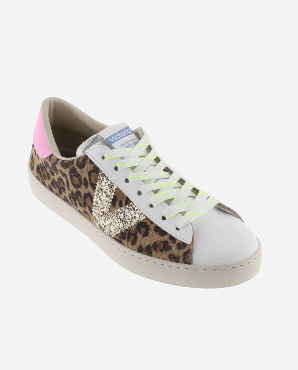 Sapatilhas Desportivas de Camurça Leopardo com Logotipo de Glitter e Detalhes Flúor Estampado-2