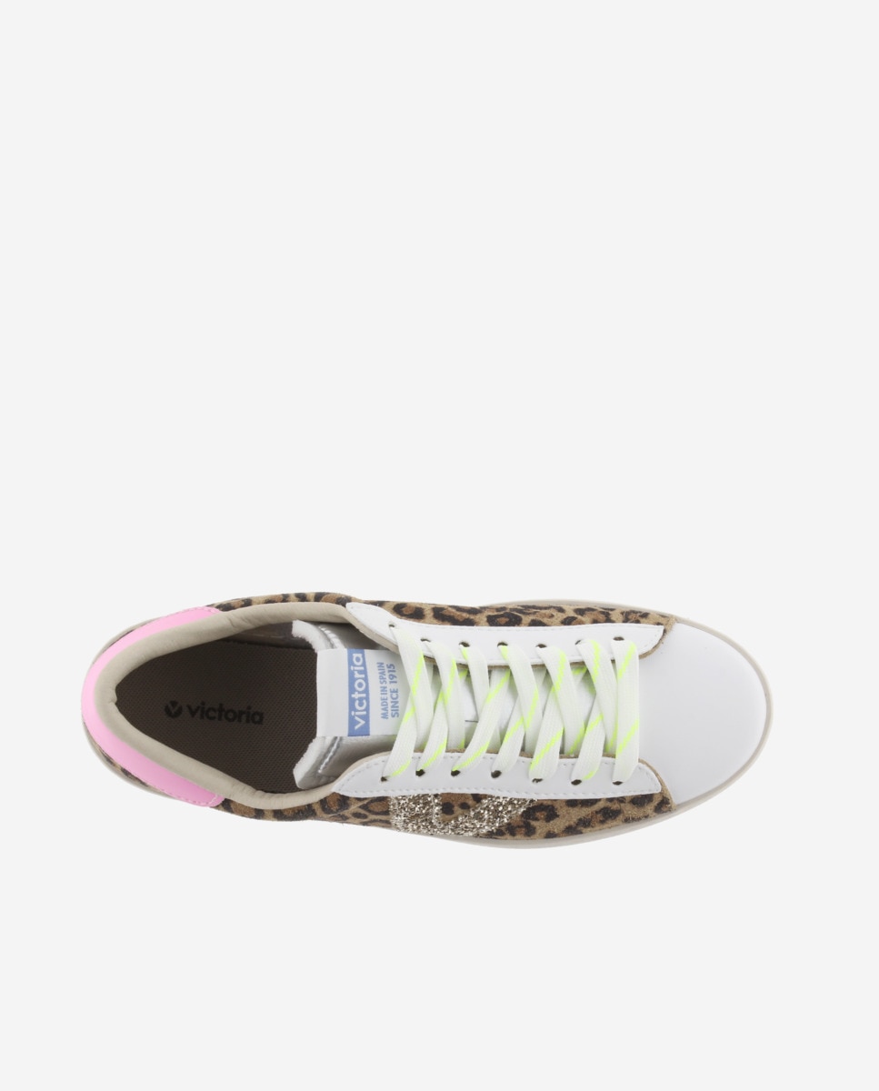 Sapatilhas Desportivas de Camurça Leopardo com Logotipo de Glitter e Detalhes Flúor Estampado-4