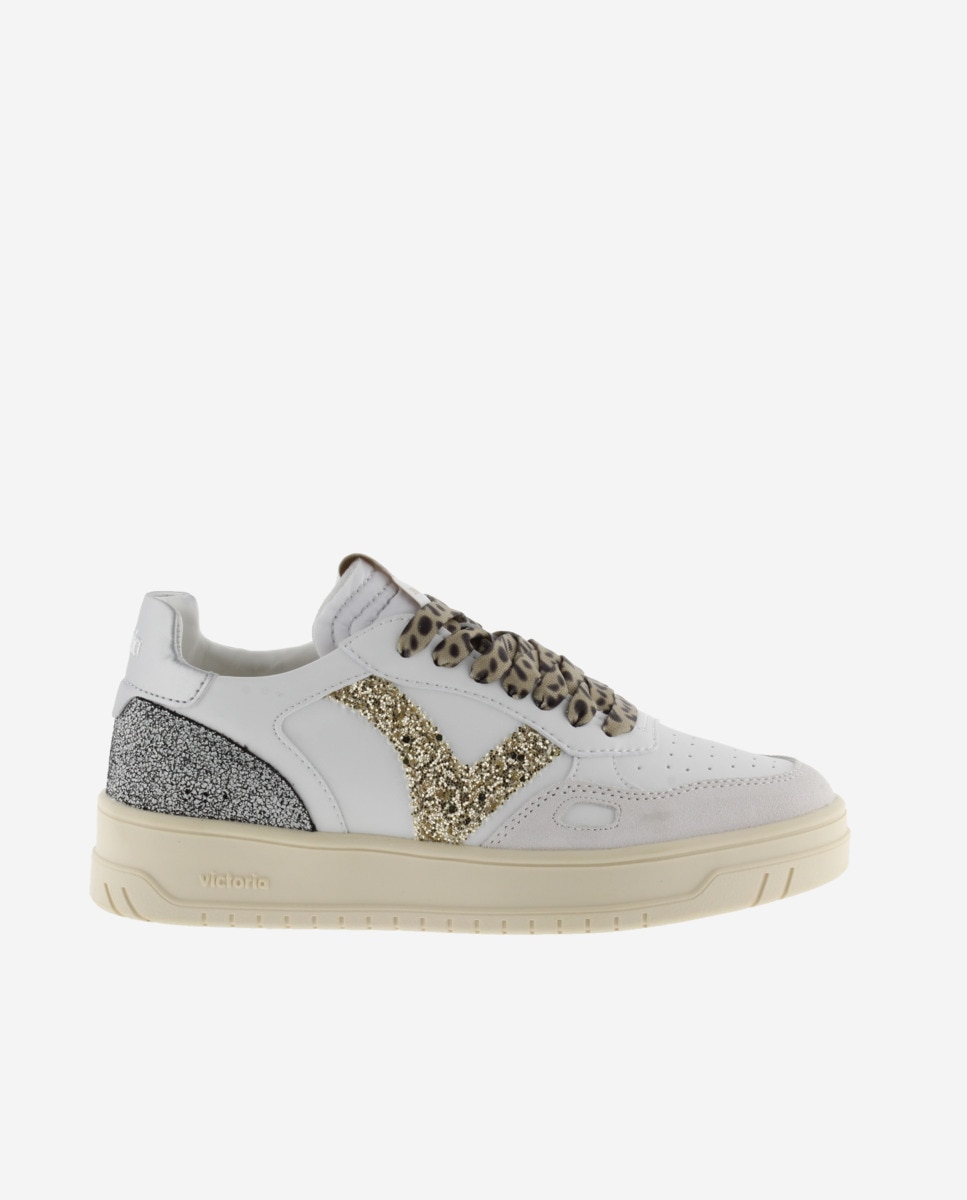 Sapatilhas Desportivas com Peças Metalizadas e Atacadores Animal Print Branco-1
