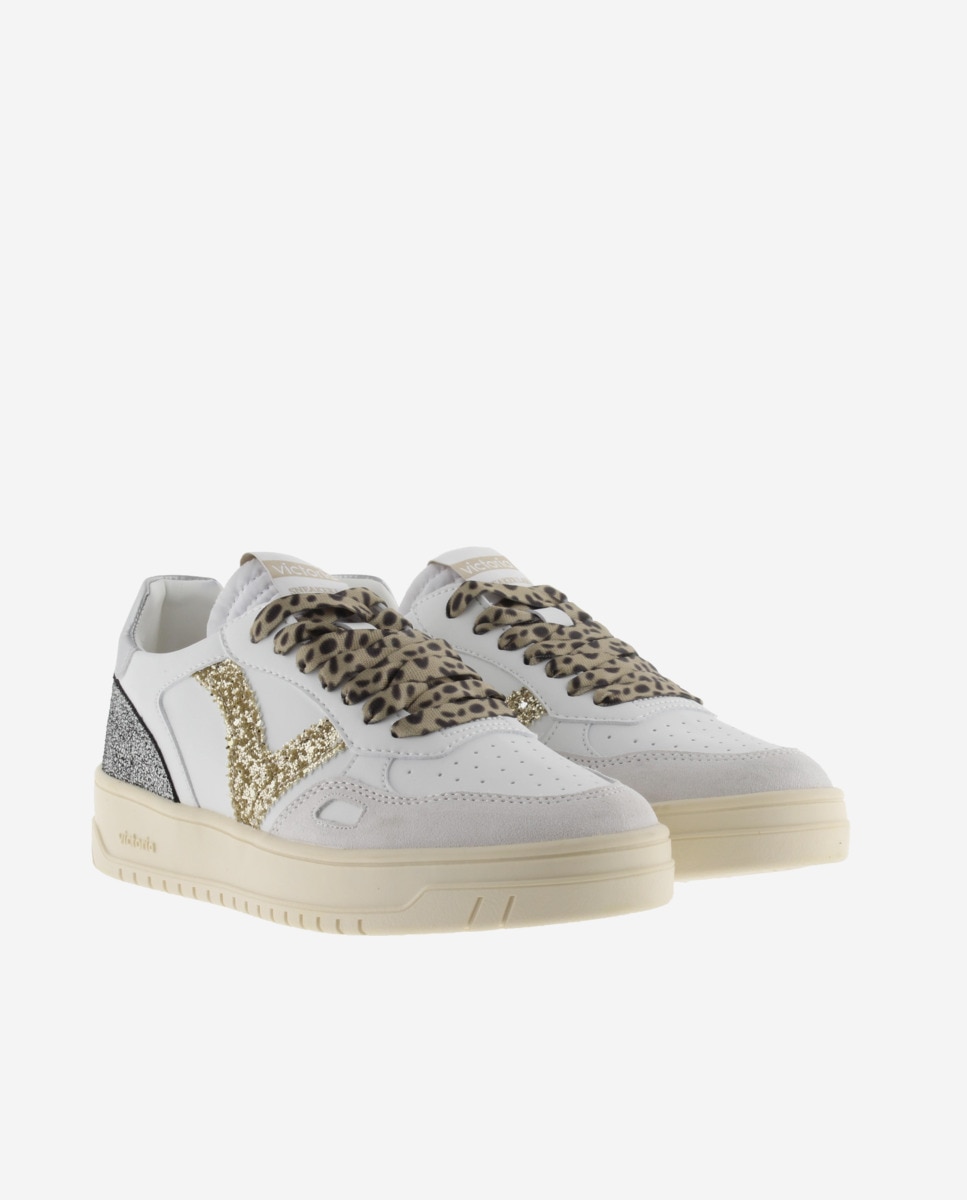 Sapatilhas Desportivas com Peças Metalizadas e Atacadores Animal Print Branco-5