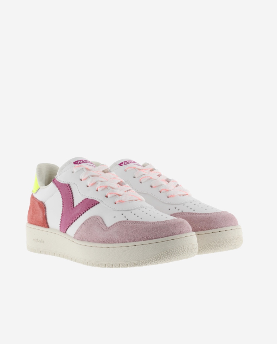 Sapatilhas Desportivas com Peças Multicolor de Camurça e Biqueira Perfurada Rosa / Branco-5