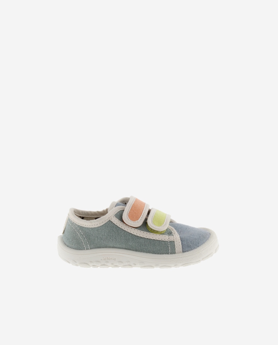 Sapatilhas de Lona Infantil Barefoot com Velcro Duplo e Debrum em Contraste Victoria Azul-claro-1