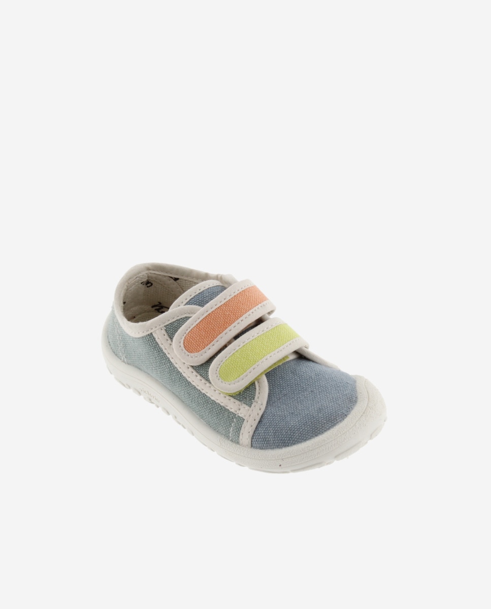 Sapatilhas de Lona Infantil Barefoot com Velcro Duplo e Debrum em Contraste Victoria Azul-claro-2
