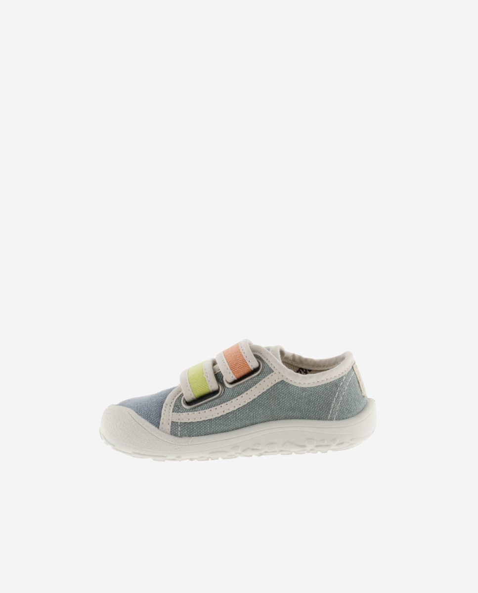 Sapatilhas de Lona Infantil Barefoot com Velcro Duplo e Debrum em Contraste Victoria Azul-claro-3