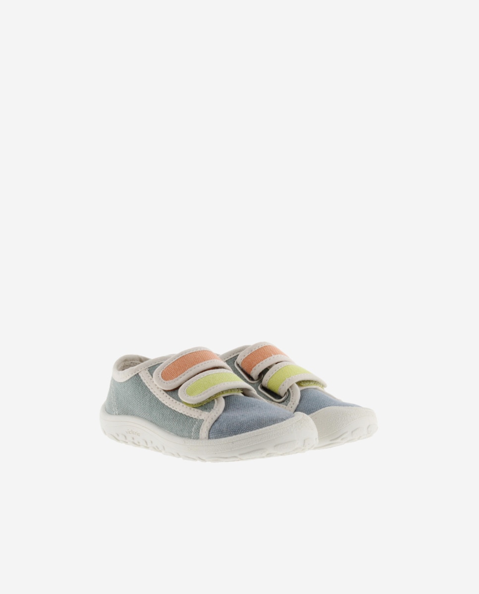 Sapatilhas de Lona Infantil Barefoot com Velcro Duplo e Debrum em Contraste Victoria Azul-claro-5