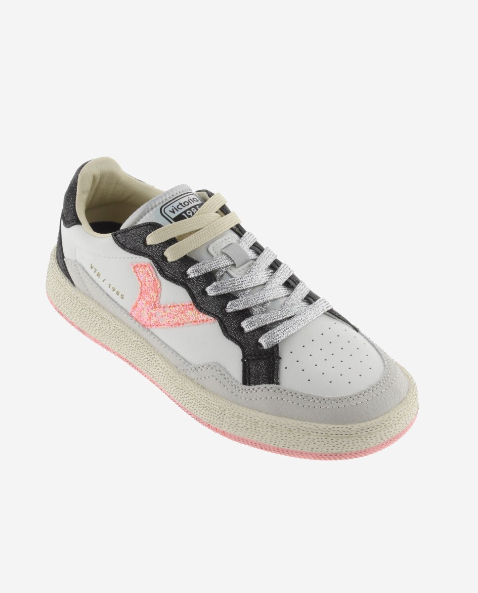 Sapatilhas Desportivas de Pele com Peças Metalizadas e Logotipo de Glitter Coral-2