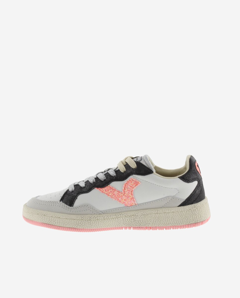 Sapatilhas Desportivas de Pele com Peças Metalizadas e Logotipo de Glitter Coral-3