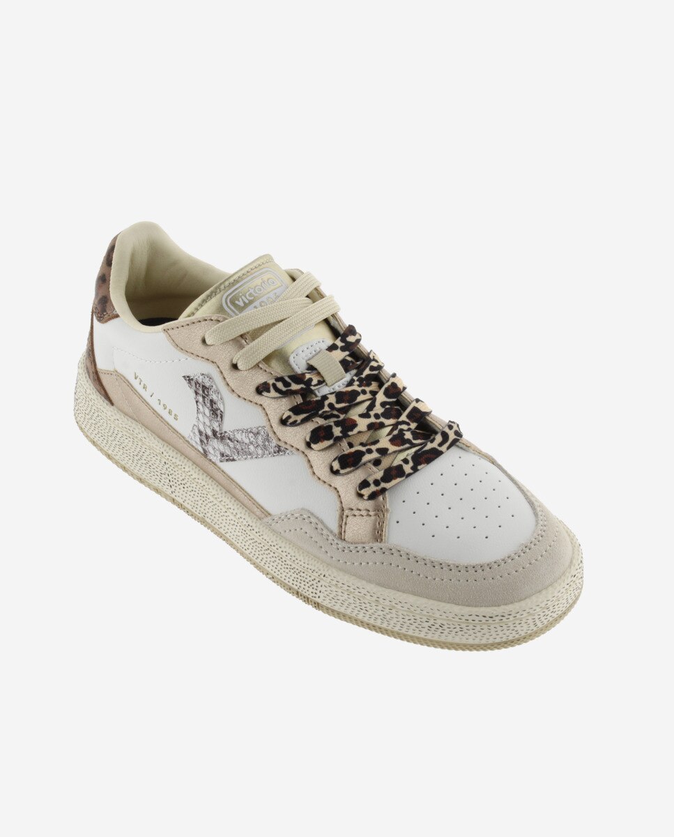 Sapatilhas Desportivas de Pele com Peças Metalizadas e Animal Print Bege-2