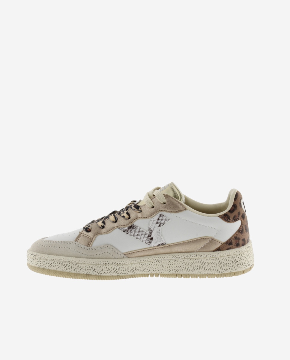 Sapatilhas Desportivas de Pele com Peças Metalizadas e Animal Print Bege-3