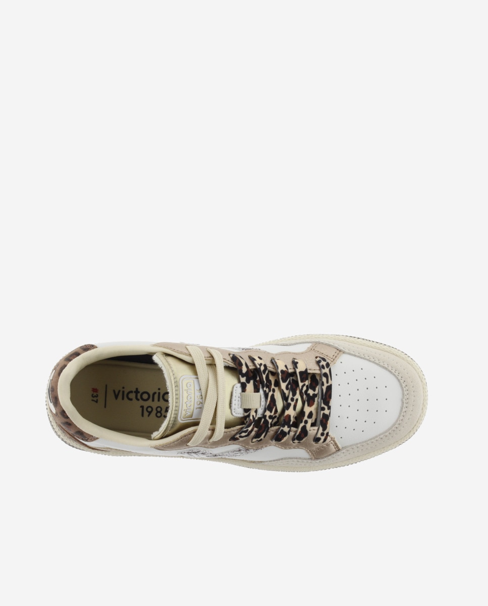 Sapatilhas Desportivas de Pele com Peças Metalizadas e Animal Print Bege-4