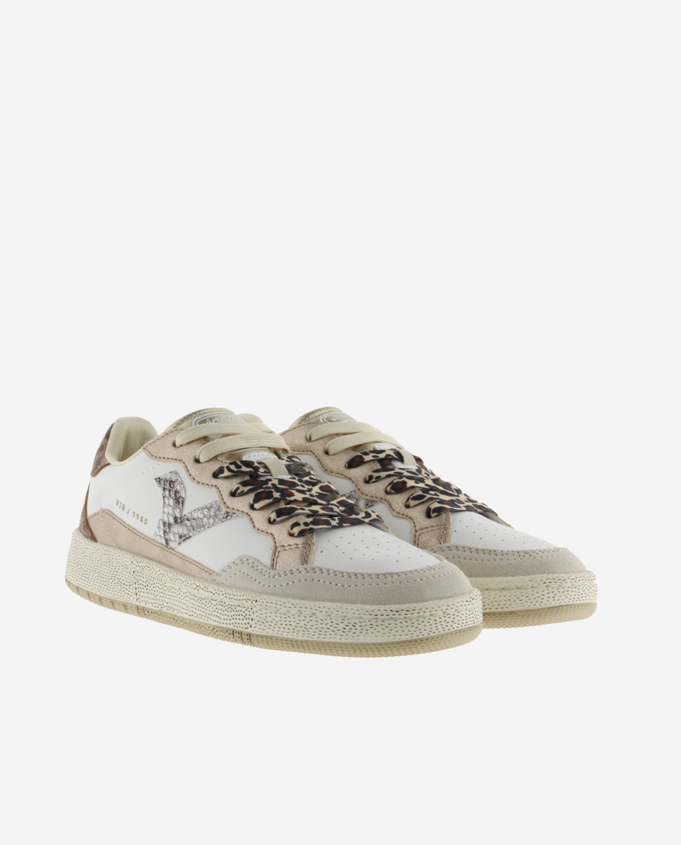 Sapatilhas Desportivas de Pele com Peças Metalizadas e Animal Print Bege-5