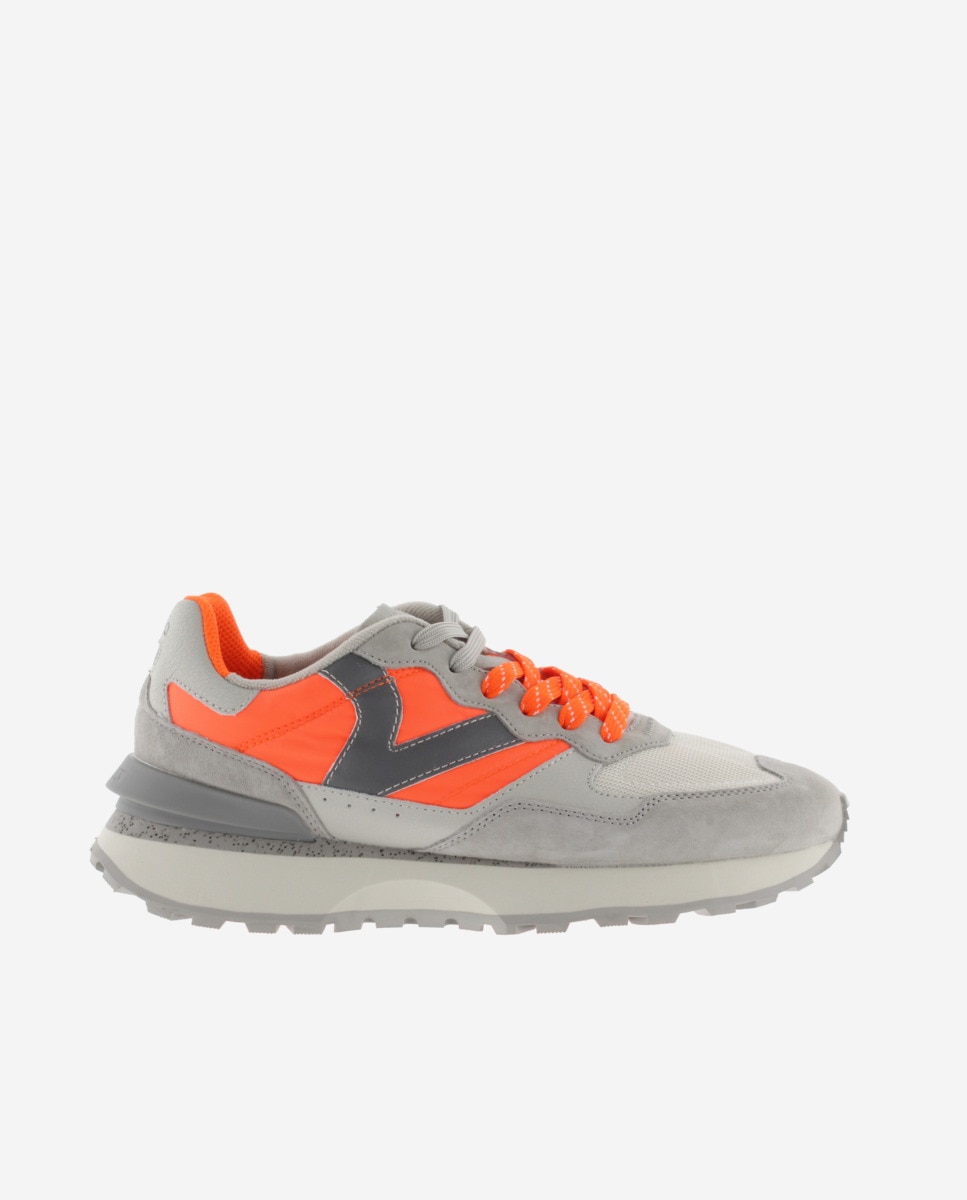Desportivas de Nylon Neón com Peças de Pele e Camurça Laranja / Cinzento-1