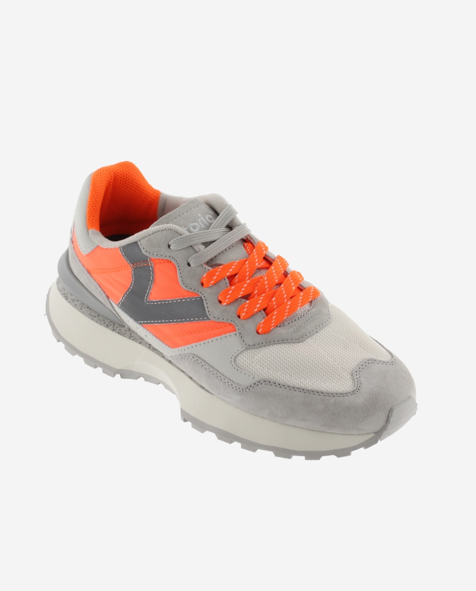 Desportivas de Nylon Neón com Peças de Pele e Camurça Laranja / Cinzento-2