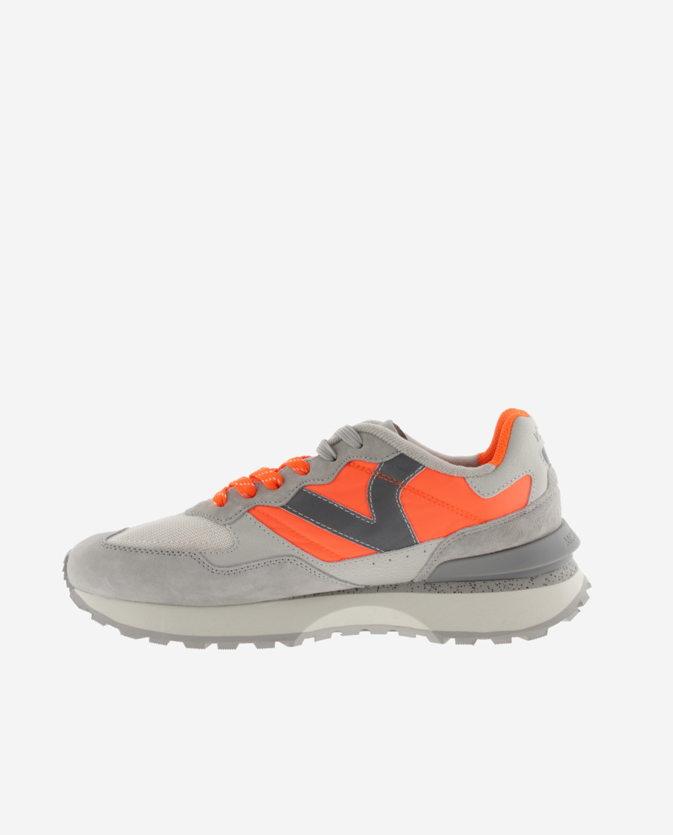 Desportivas de Nylon Neón com Peças de Pele e Camurça Laranja / Cinzento-3