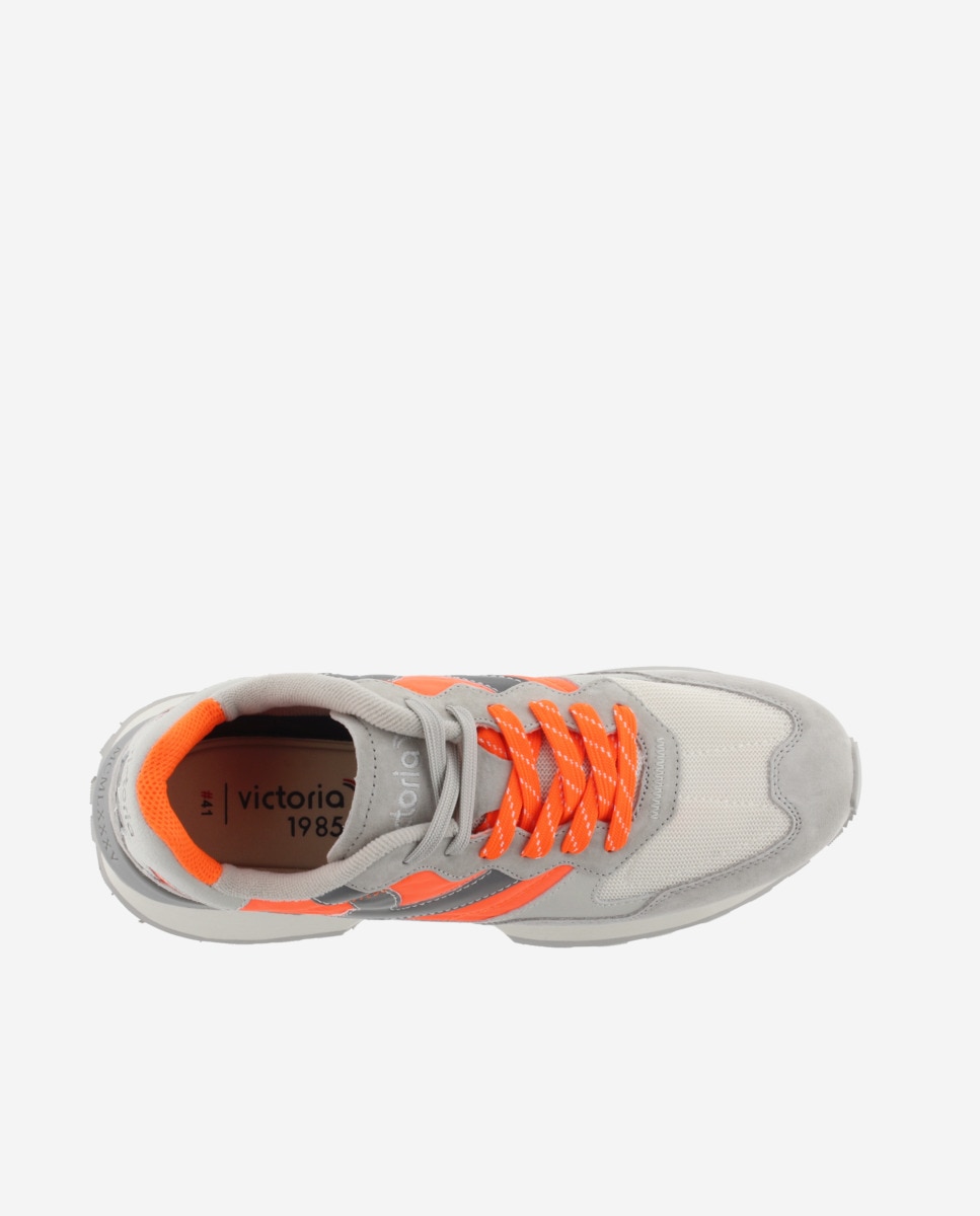 Desportivas de Nylon Neón com Peças de Pele e Camurça Laranja / Cinzento-4