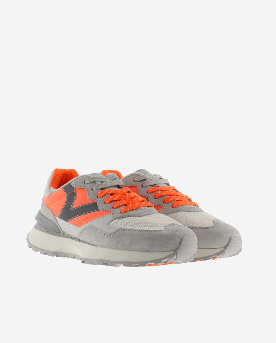 Desportivas de Nylon Neón com Peças de Pele e Camurça Laranja / Cinzento-5