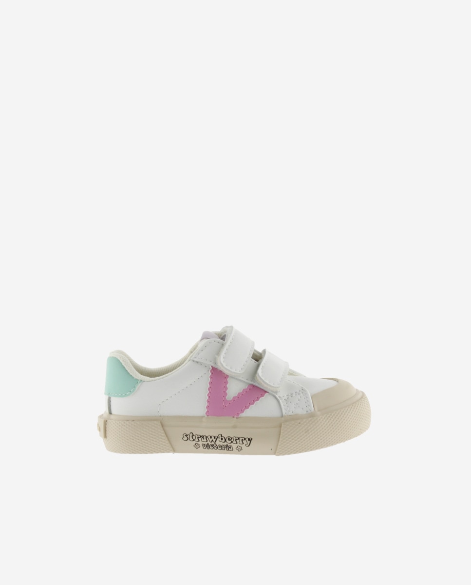 Sapatilhas Baixas Infantil com Peças Coloridas e Velcro Duplo Victoria Branco / Rosa-1