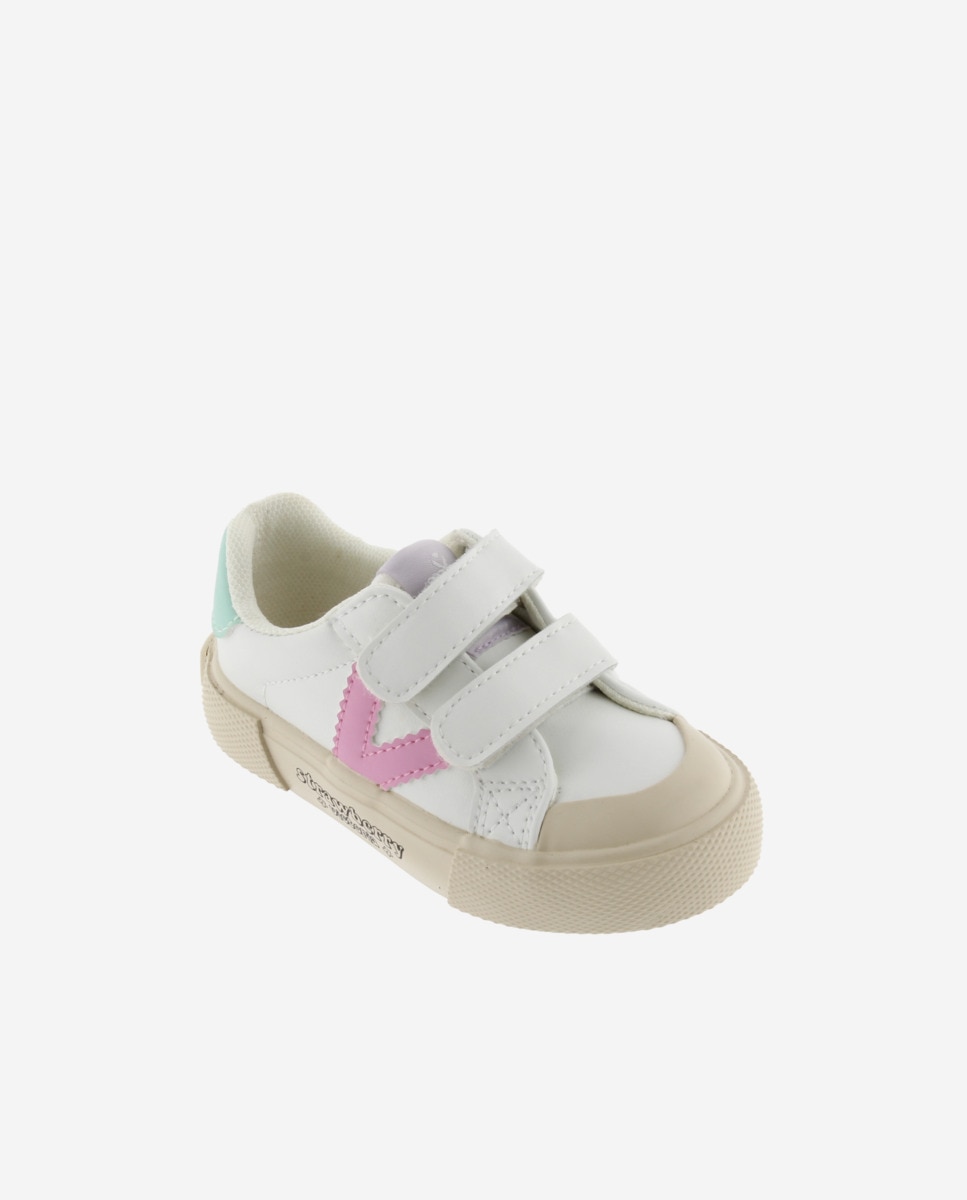 Sapatilhas Baixas Infantil com Peças Coloridas e Velcro Duplo Victoria Branco / Rosa-2