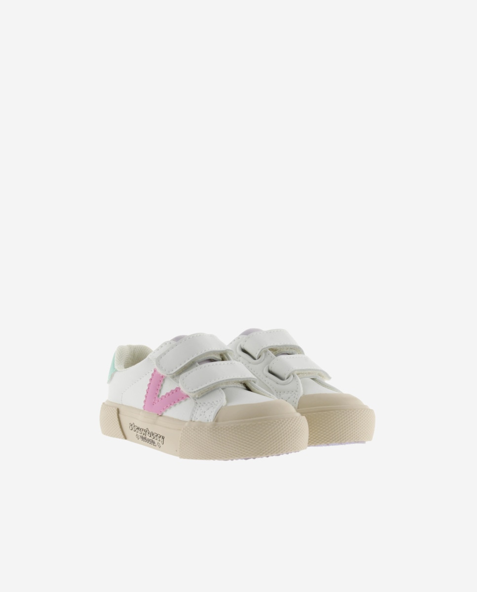 Sapatilhas Baixas Infantil com Peças Coloridas e Velcro Duplo Victoria Branco / Rosa-5
