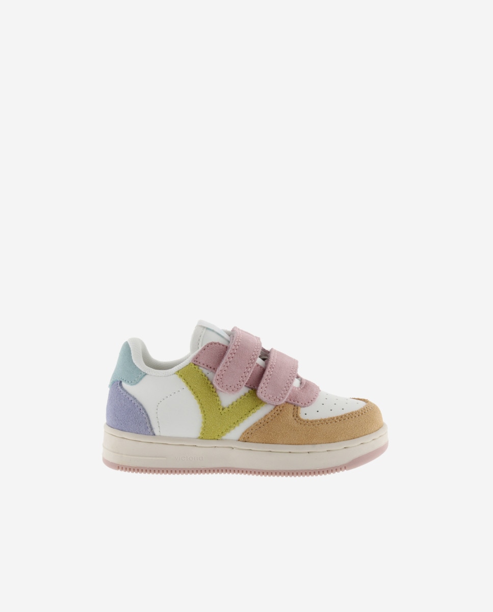 Sapatilhas Desportivas Infantil com Peças Multicolor de Camurça e Velcro Victoria Branco-1