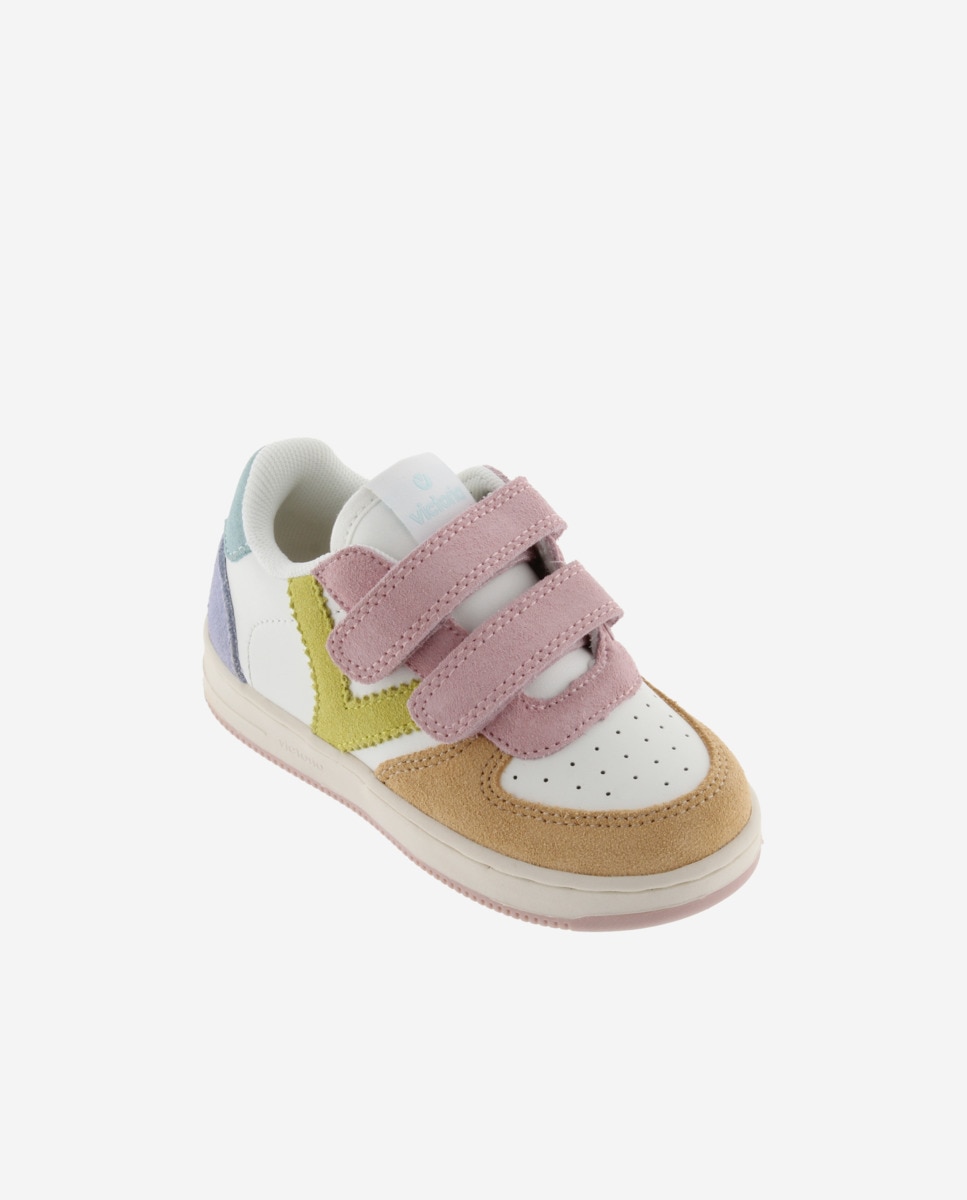 Sapatilhas Desportivas Infantil com Peças Multicolor de Camurça e Velcro Victoria Branco-2