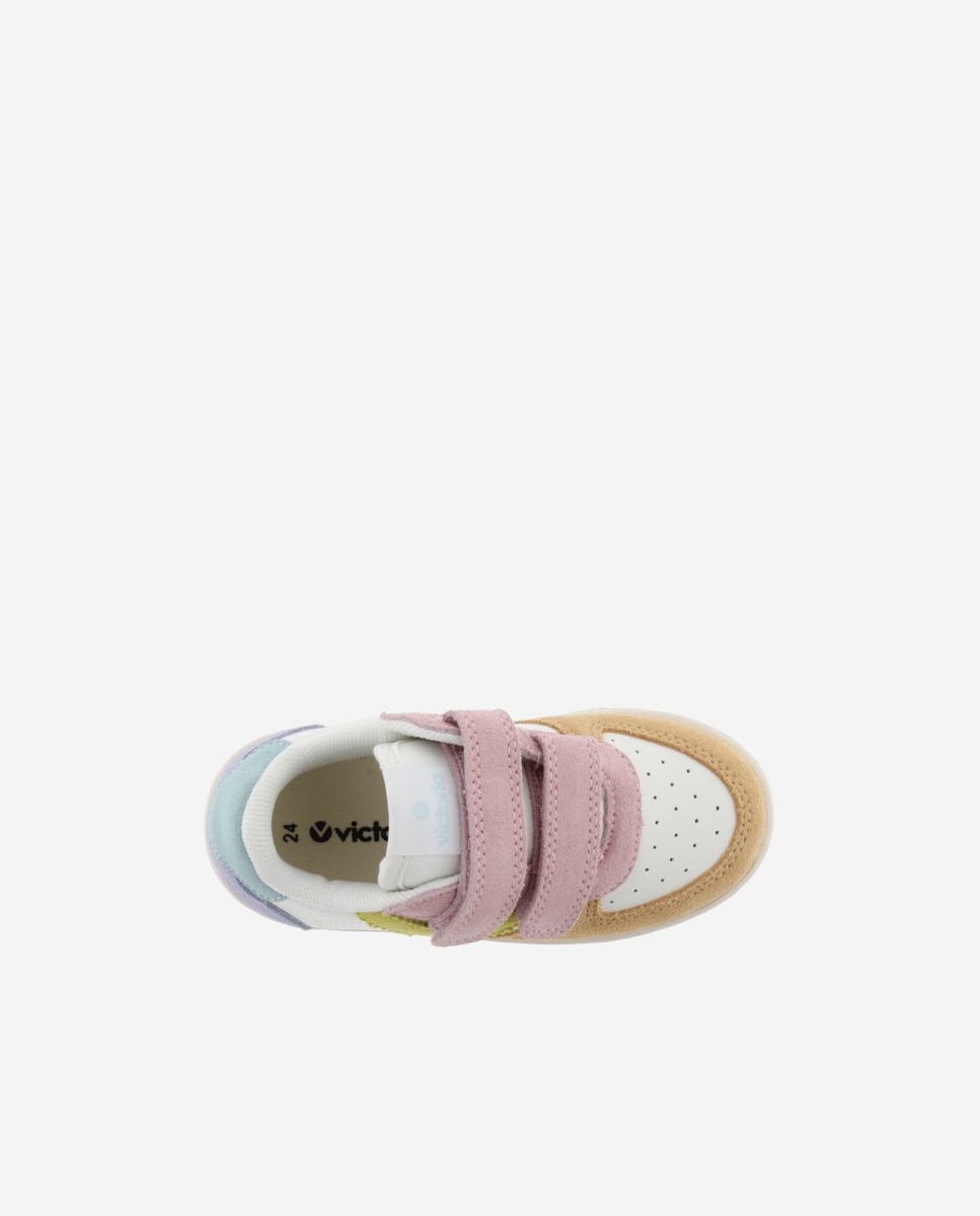 Sapatilhas Desportivas Infantil com Peças Multicolor de Camurça e Velcro Victoria Branco-4