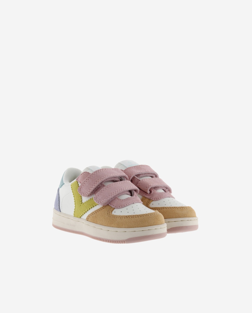 Sapatilhas Desportivas Infantil com Peças Multicolor de Camurça e Velcro Victoria Branco-5