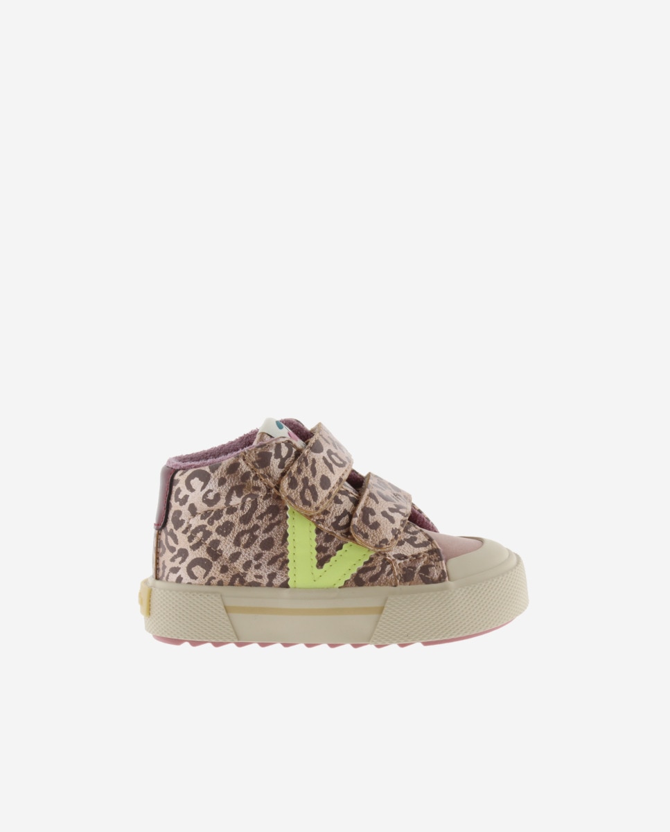 Sapatilhas Altas Infantil Animal Print Efeito Metalizado com Velcro e Logotipo em Contraste Victoria Nude-1