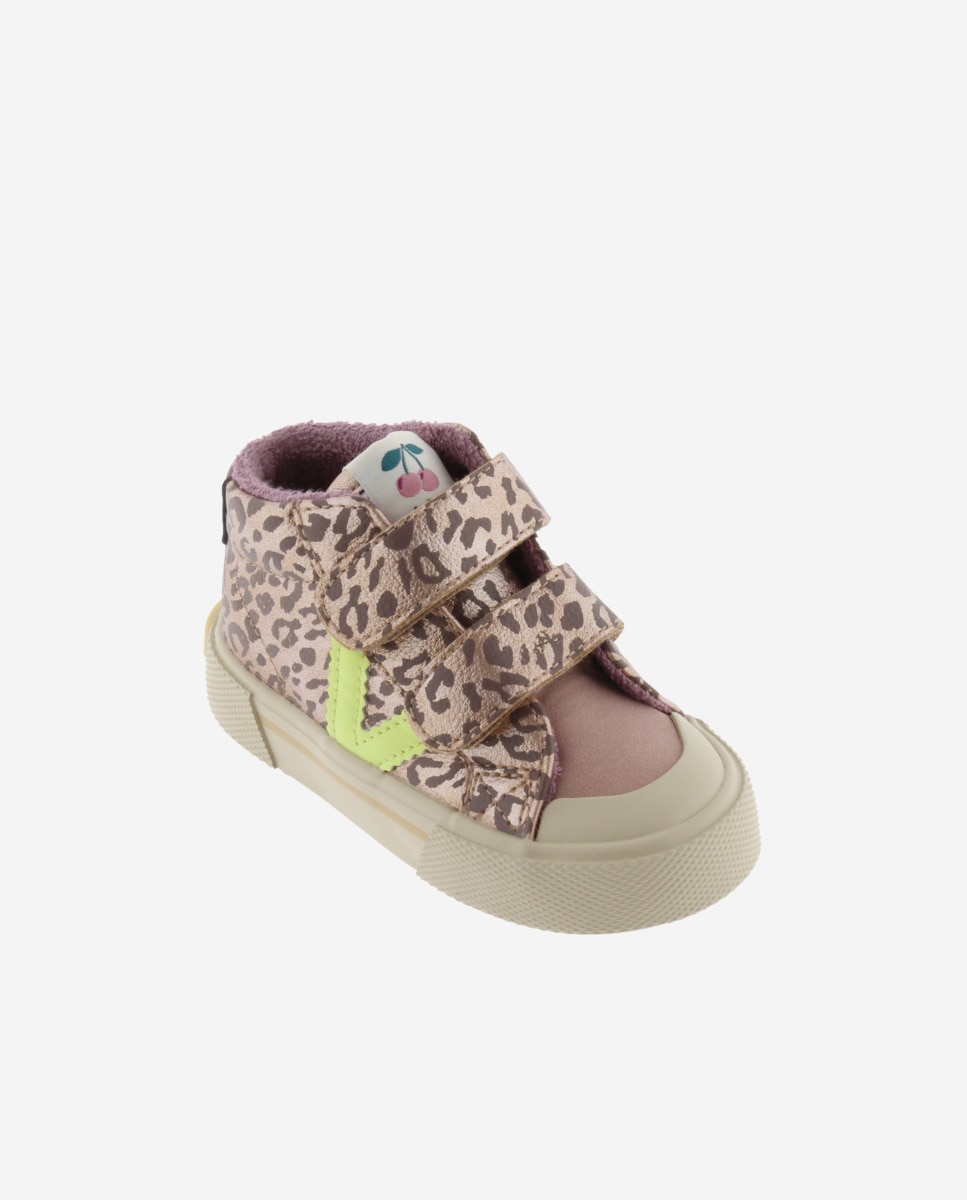 Sapatilhas Altas Infantil Animal Print Efeito Metalizado com Velcro e Logotipo em Contraste Victoria Nude-2