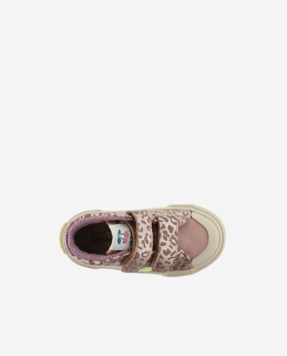 Sapatilhas Altas Infantil Animal Print Efeito Metalizado com Velcro e Logotipo em Contraste Victoria Nude-4