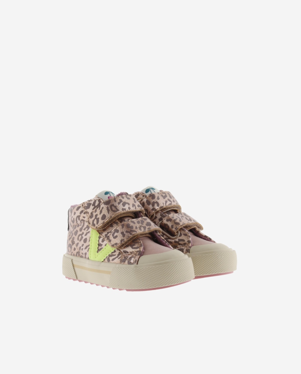Sapatilhas Altas Infantil Animal Print Efeito Metalizado com Velcro e Logotipo em Contraste Victoria Nude-5