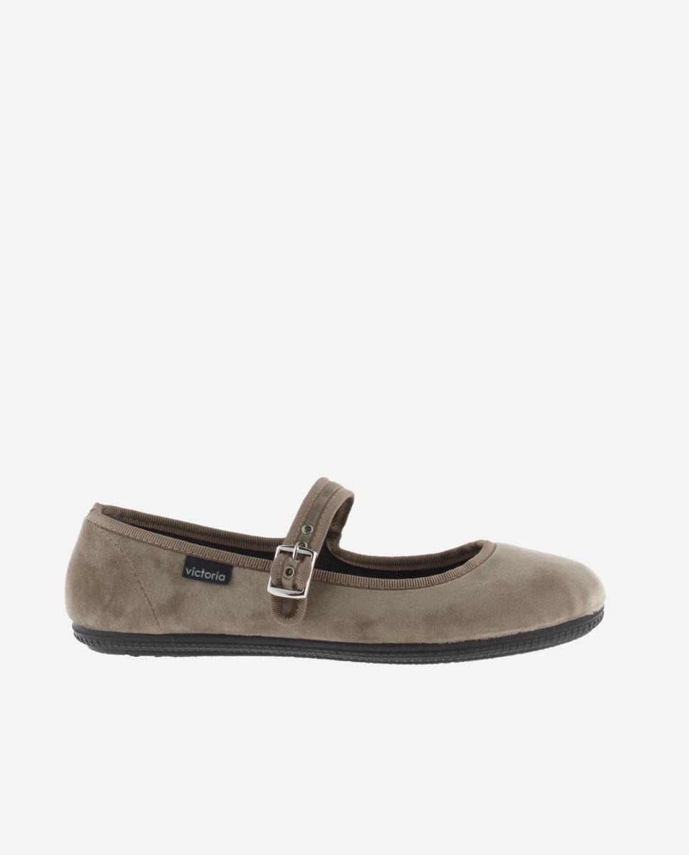 Sabrinas de Veludo em Preto com Debrum e Fecho de Fivela Lateral Bege-1