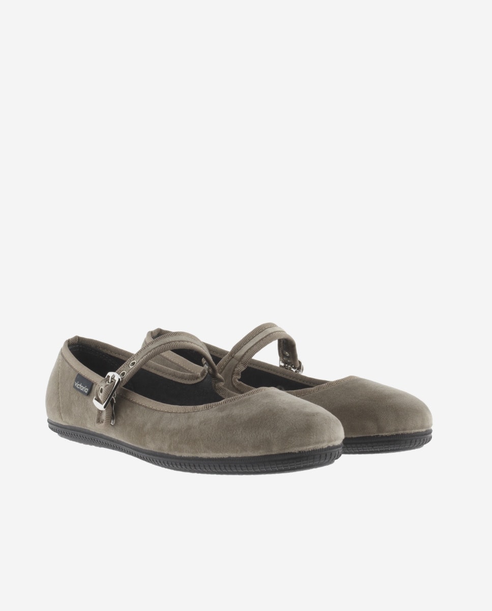Sabrinas de Veludo em Preto com Debrum e Fecho de Fivela Lateral Bege-5