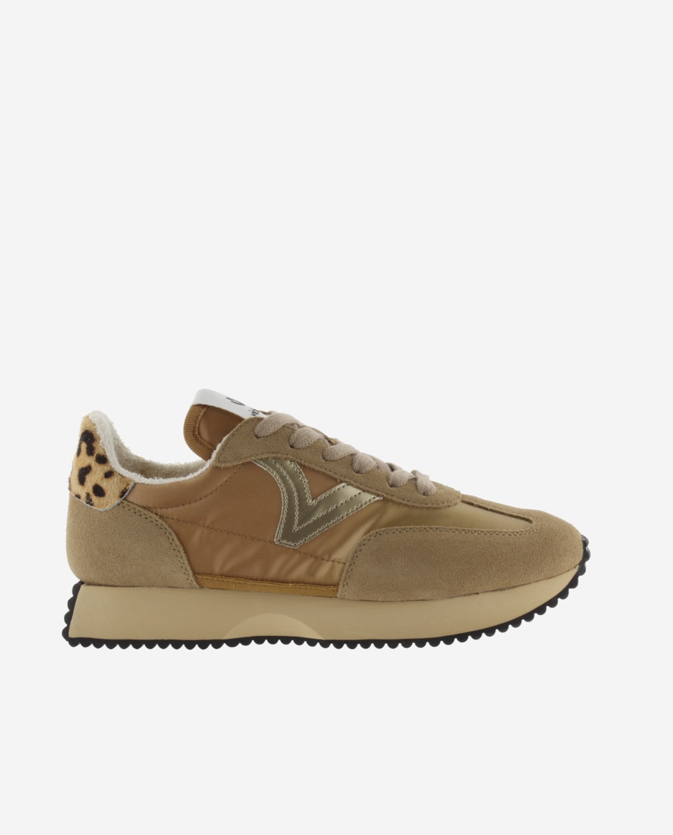 Sapatilhas Desportivas de Nylon Metalizado com Peças Animal Print e de Camurça e Sola Serrilhada Camel-1