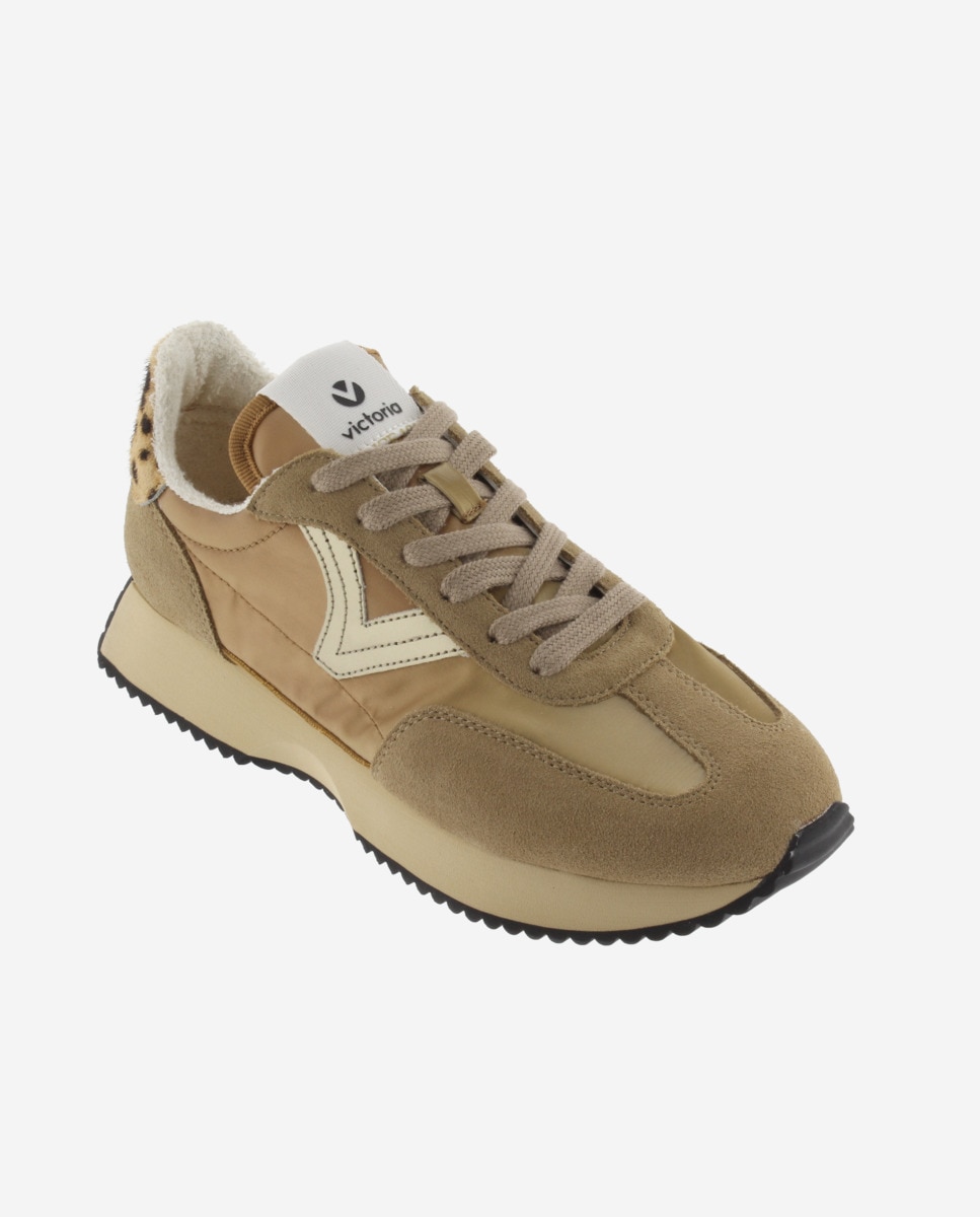 Sapatilhas Desportivas de Nylon Metalizado com Peças Animal Print e de Camurça e Sola Serrilhada Camel-2