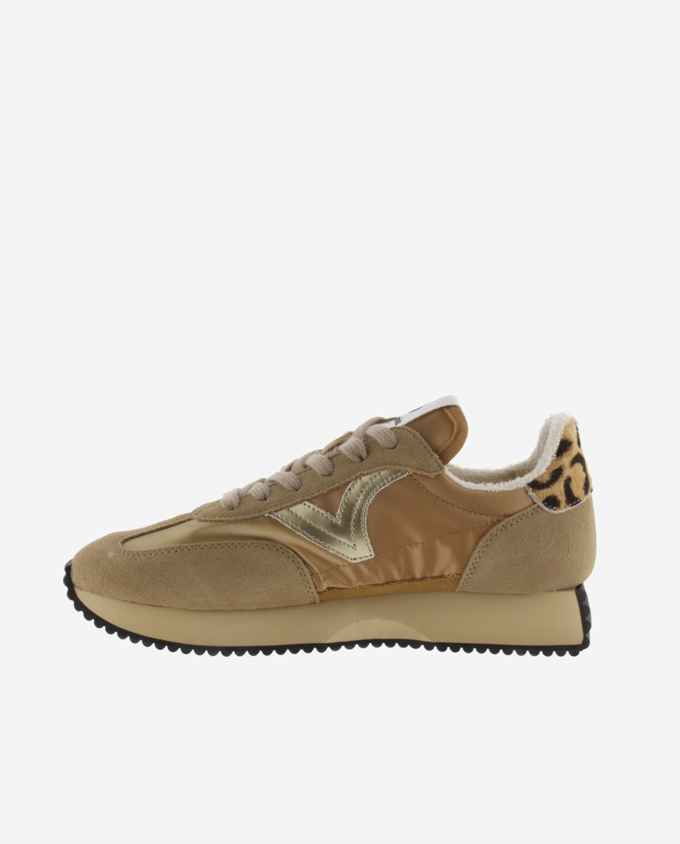 Sapatilhas Desportivas de Nylon Metalizado com Peças Animal Print e de Camurça e Sola Serrilhada Camel-3