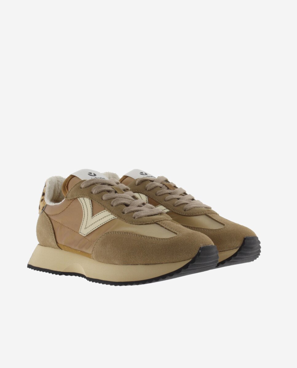 Sapatilhas Desportivas de Nylon Metalizado com Peças Animal Print e de Camurça e Sola Serrilhada Camel-5