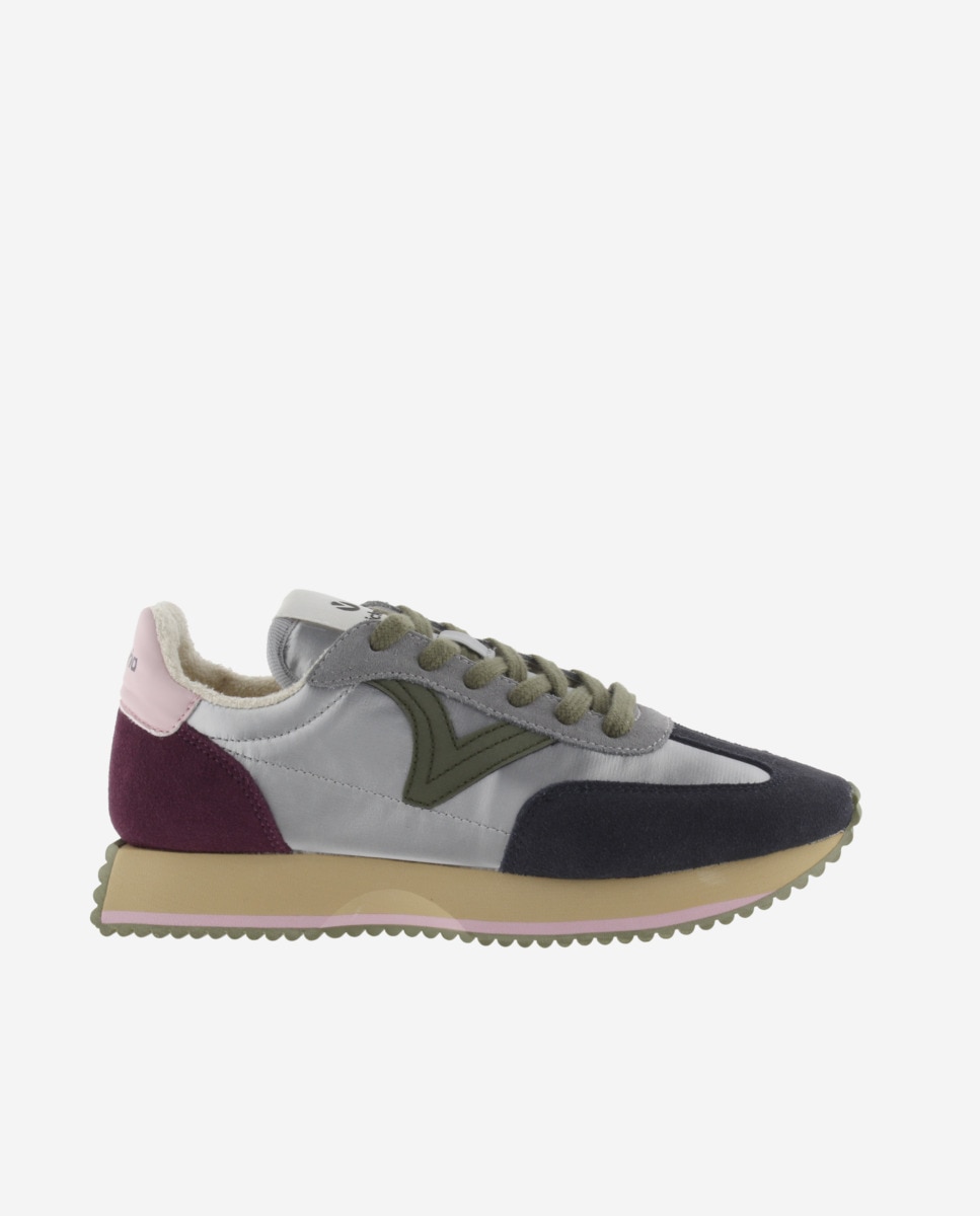 Sapatilhas Desportivas de Nylon Metalizado com Peças de Camurça Multicolor e Sola em Serra Prata-1