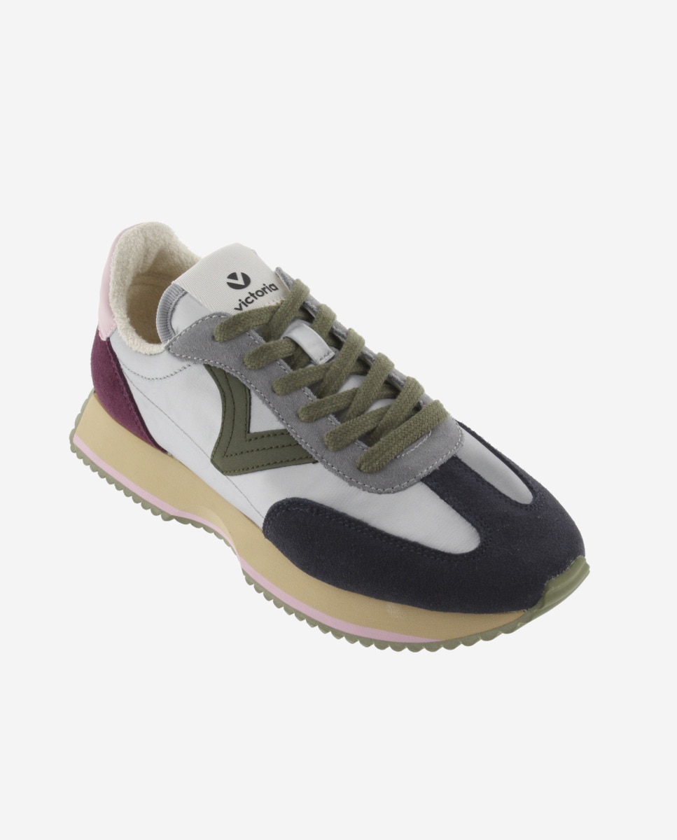 Sapatilhas Desportivas de Nylon Metalizado com Peças de Camurça Multicolor e Sola em Serra Prata-2