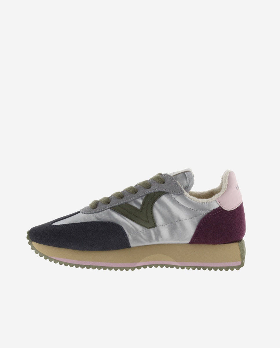 Sapatilhas Desportivas de Nylon Metalizado com Peças de Camurça Multicolor e Sola em Serra Prata-3