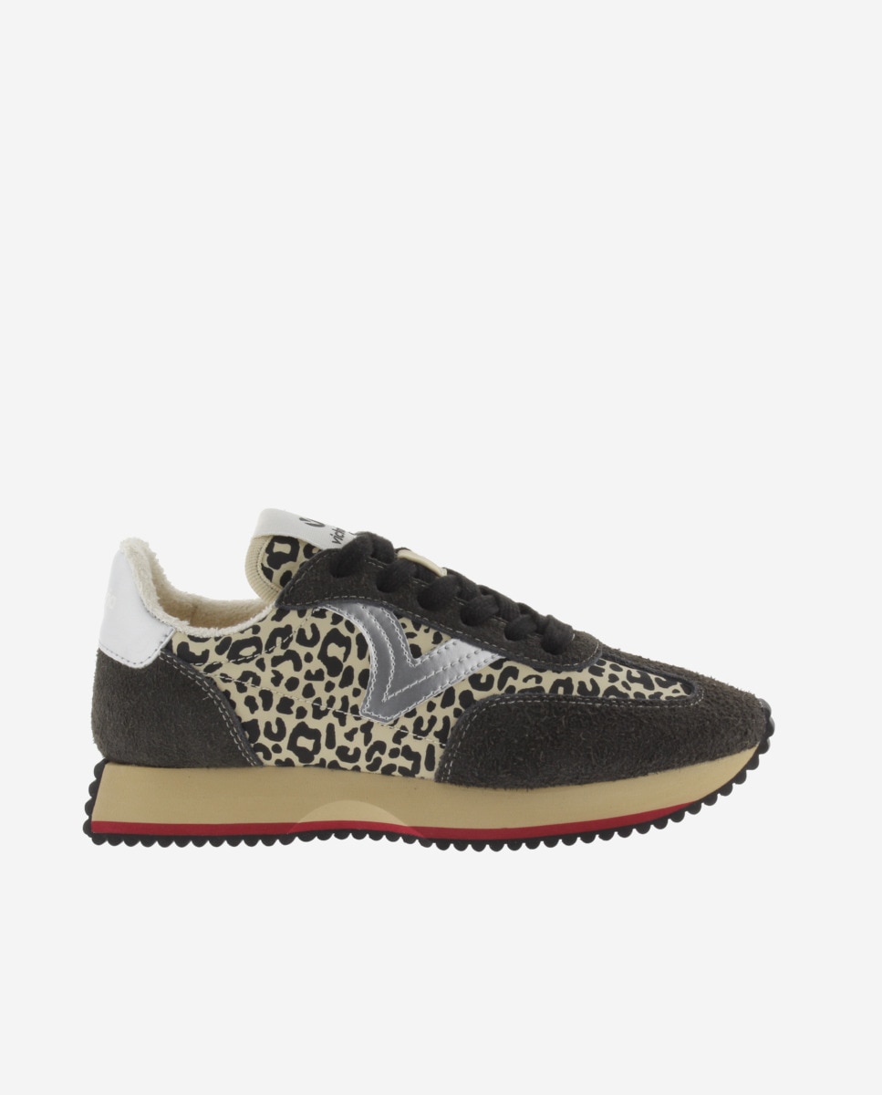 Sapatilhas Desportivas de Nylon Animal Print com Peças de Camurça e Sola em Serra Preto-1
