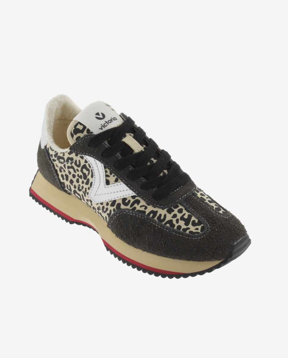 Sapatilhas Desportivas de Nylon Animal Print com Peças de Camurça e Sola em Serra Preto-2