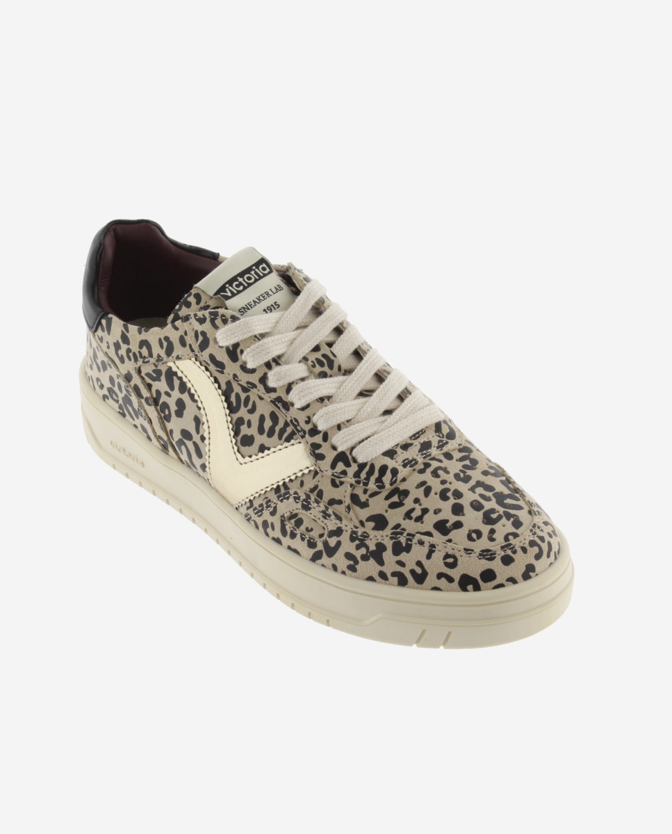 Sapatilhas Desportivas de Camurça Animal Print com Logotipo Metalizado Bege-2