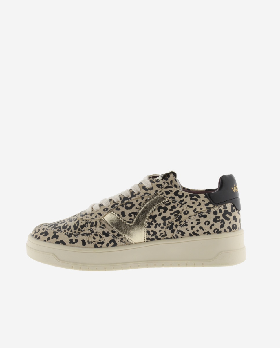 Sapatilhas Desportivas de Camurça Animal Print com Logotipo Metalizado Bege-3