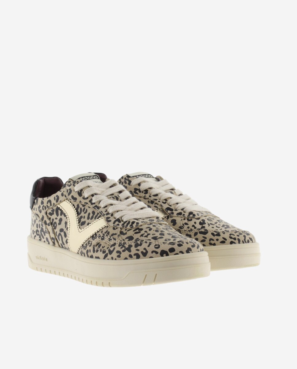 Sapatilhas Desportivas de Camurça Animal Print com Logotipo Metalizado Bege-5